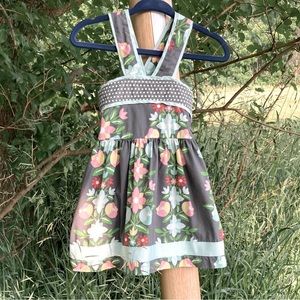 Matilda Jane: Girls size 2 sundress in gray with pastel florals + a touch of red